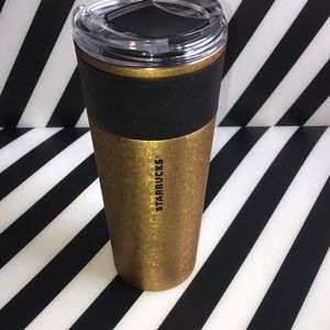 Starbucks Tumbler Gold Marble with black grip cold cup. Screw on lid.